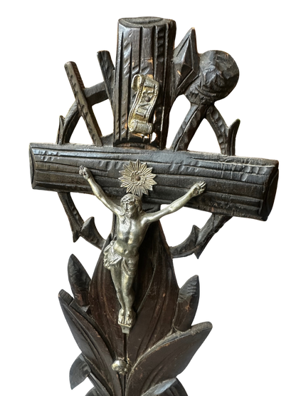 Black Forest–Style Carved Wooden Crucifix with Silverplate Corpus