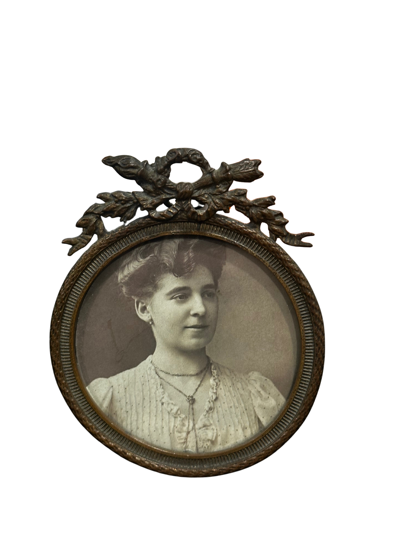 19th C Circular French Bronze Miniature Frame with Picture of Woman