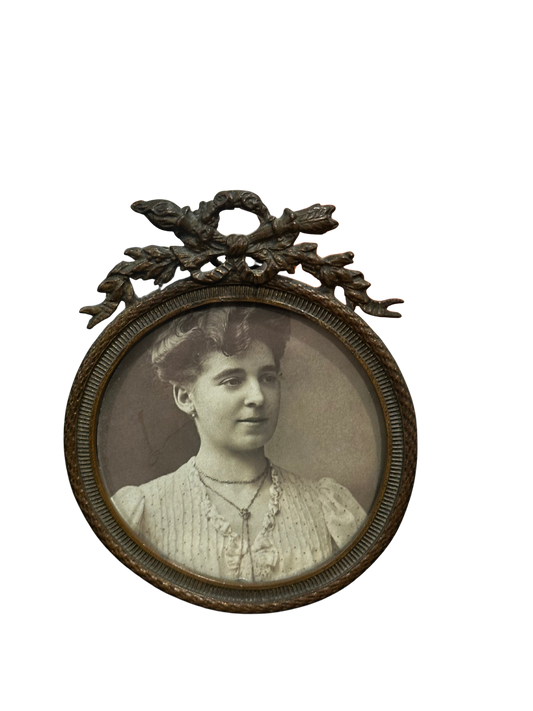 19th C Circular French Bronze Miniature Frame with Picture of Woman