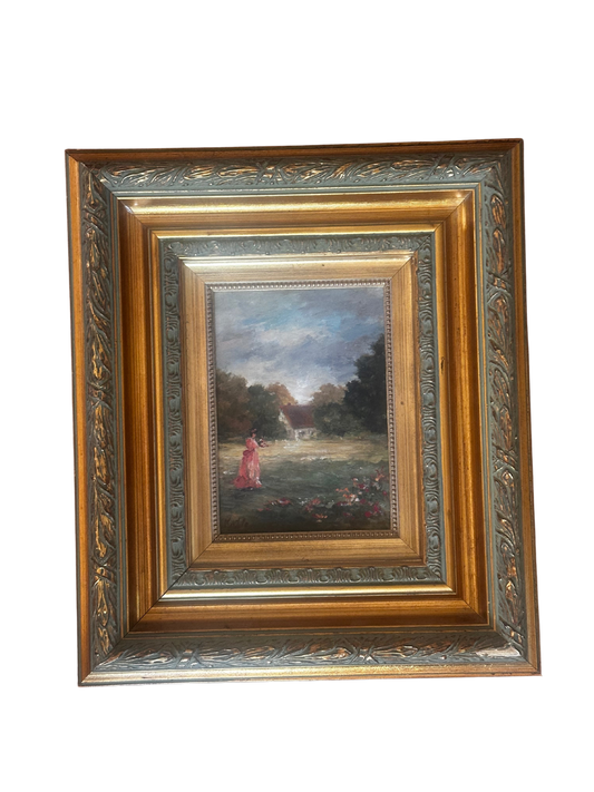 20th C Oil on Wood Panel of Pastoral Genre Scene with Woman and Cottage (Signed Katla)