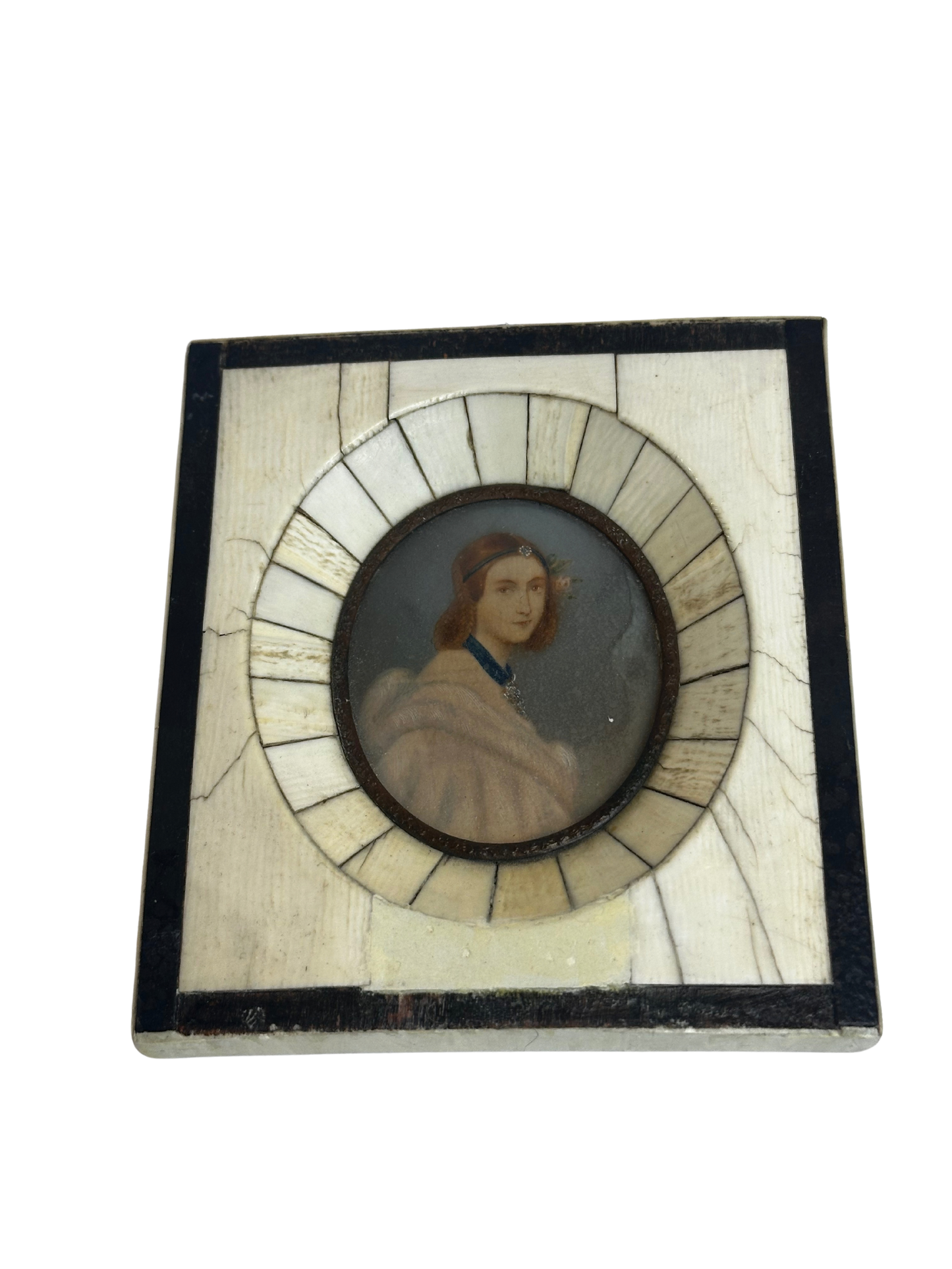 Antique Miniature Hand-Painted Woman Portrait in Bone-Inlaid Wooden Frame