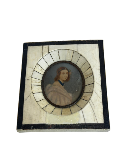 Antique Miniature Hand-Painted Woman Portrait in Bone-Inlaid Wooden Frame