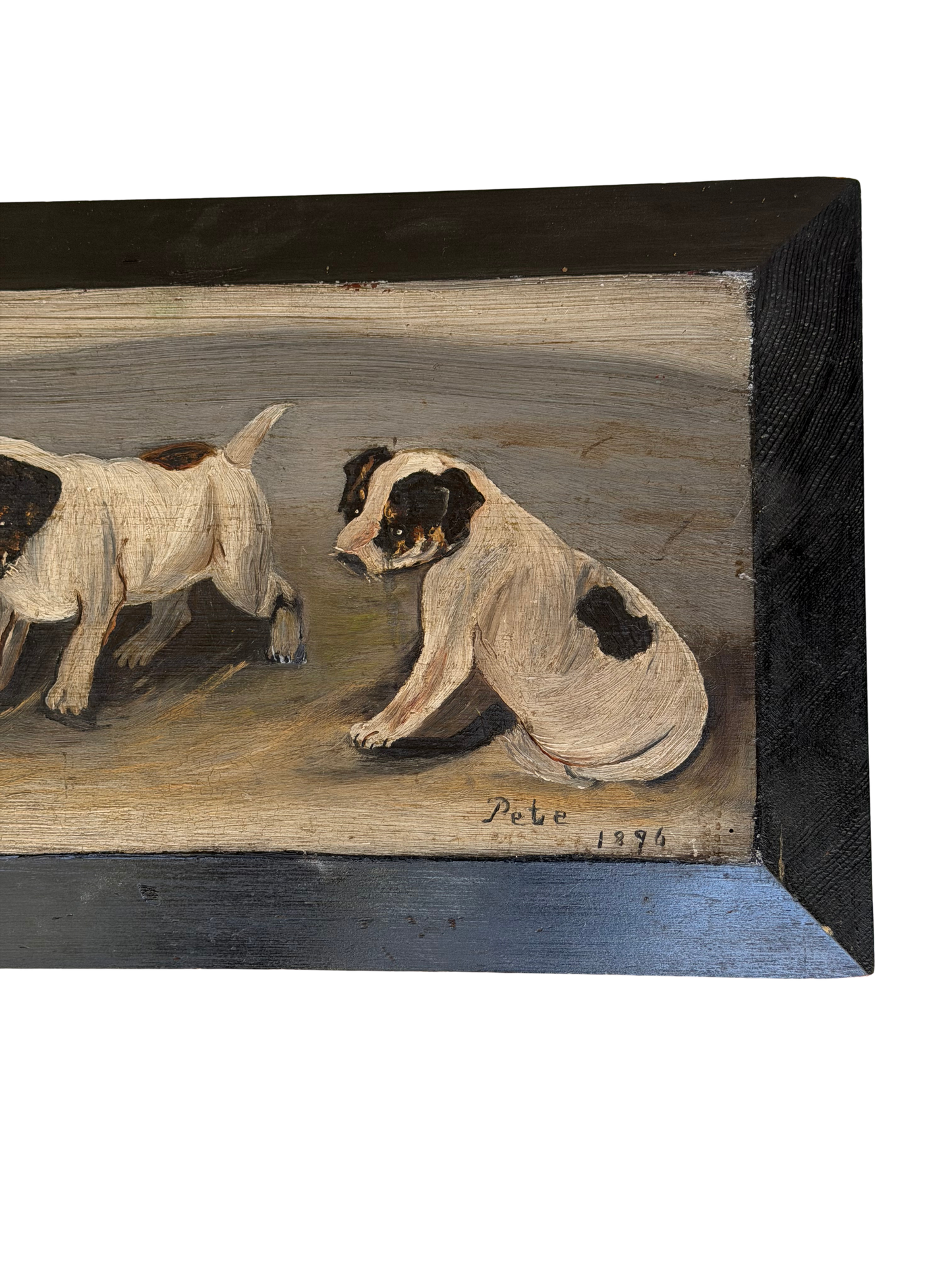 Antique 1896 Folk Art Terrier Puppies Oil Painting on Wood Panel, Signed “Pete”