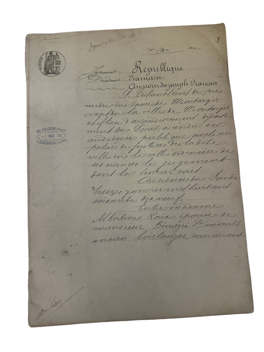 1879 French Judicial Manuscript Concerning Separation of Marriage (“Séparation de Corps”) – Montargis Civil Court Domestic Abuse &amp; Abandonment Case