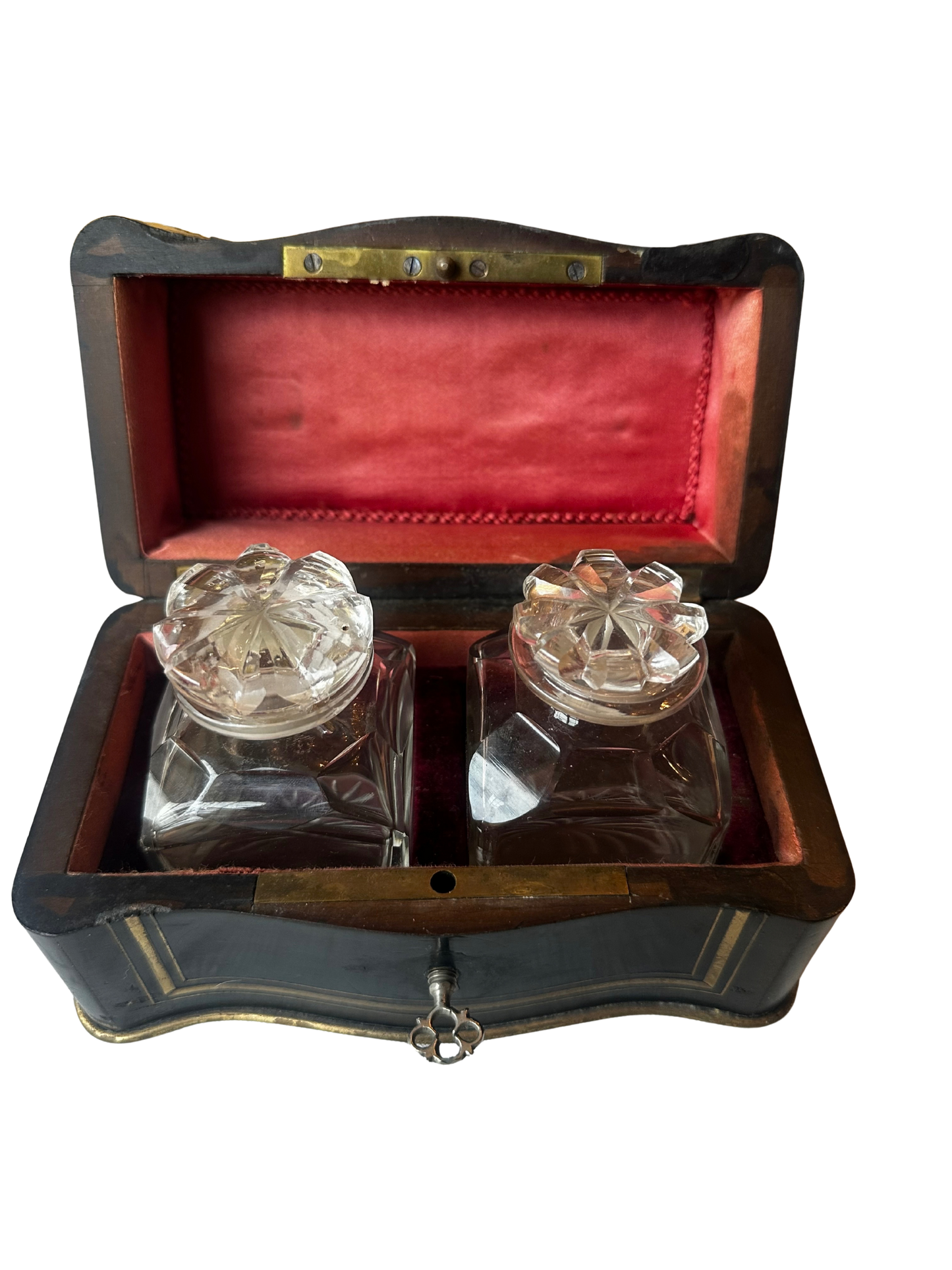 Napoléon III Ebonized Wood Perfume Casket with Painted Floral Plaque and Two Crystal Bottles