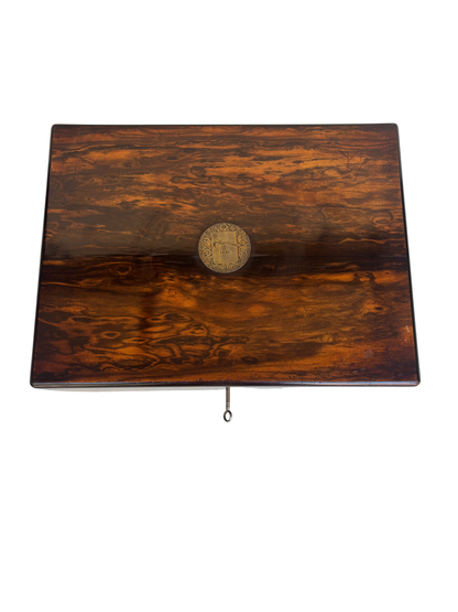 Fine Victorian Burled Walnut Vanity / Dressing Case with Silverplate Fittings, Secret Compartments, Hidden Documents, and Engraved Cartouche Dated 1891