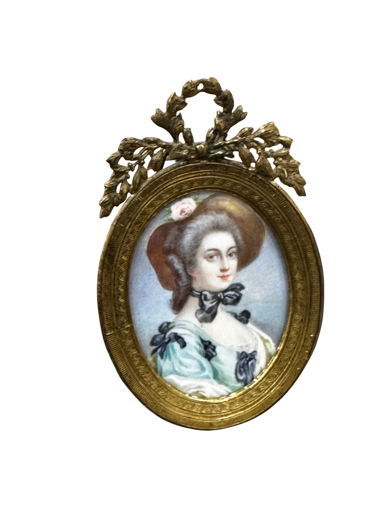 19th C Miniature Portrait of a Woman with Hat and Rose