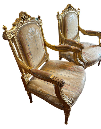 Two Fine French Louis XVI Style Silk-Upholstered Armchairs