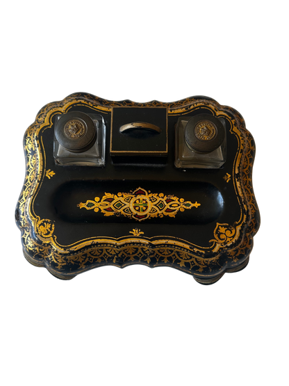 19th C Parkins & Gotto Black Lacquer Victorian Papier Mache Inkwell Set