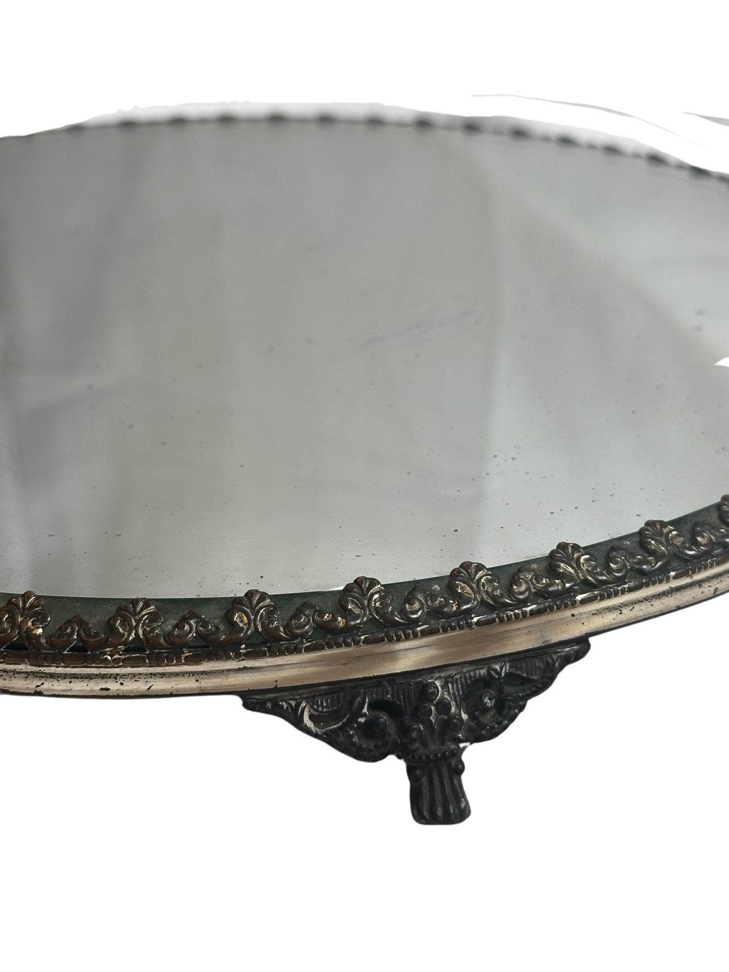 Antique Circular Vanity Mirror Tray with Silver Tone Base