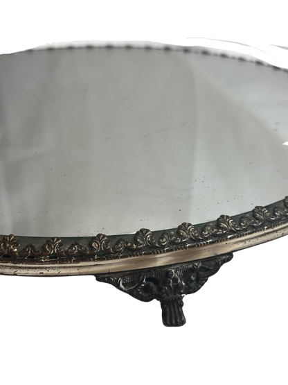 Antique Circular Vanity Mirror Tray with Silver Tone Base