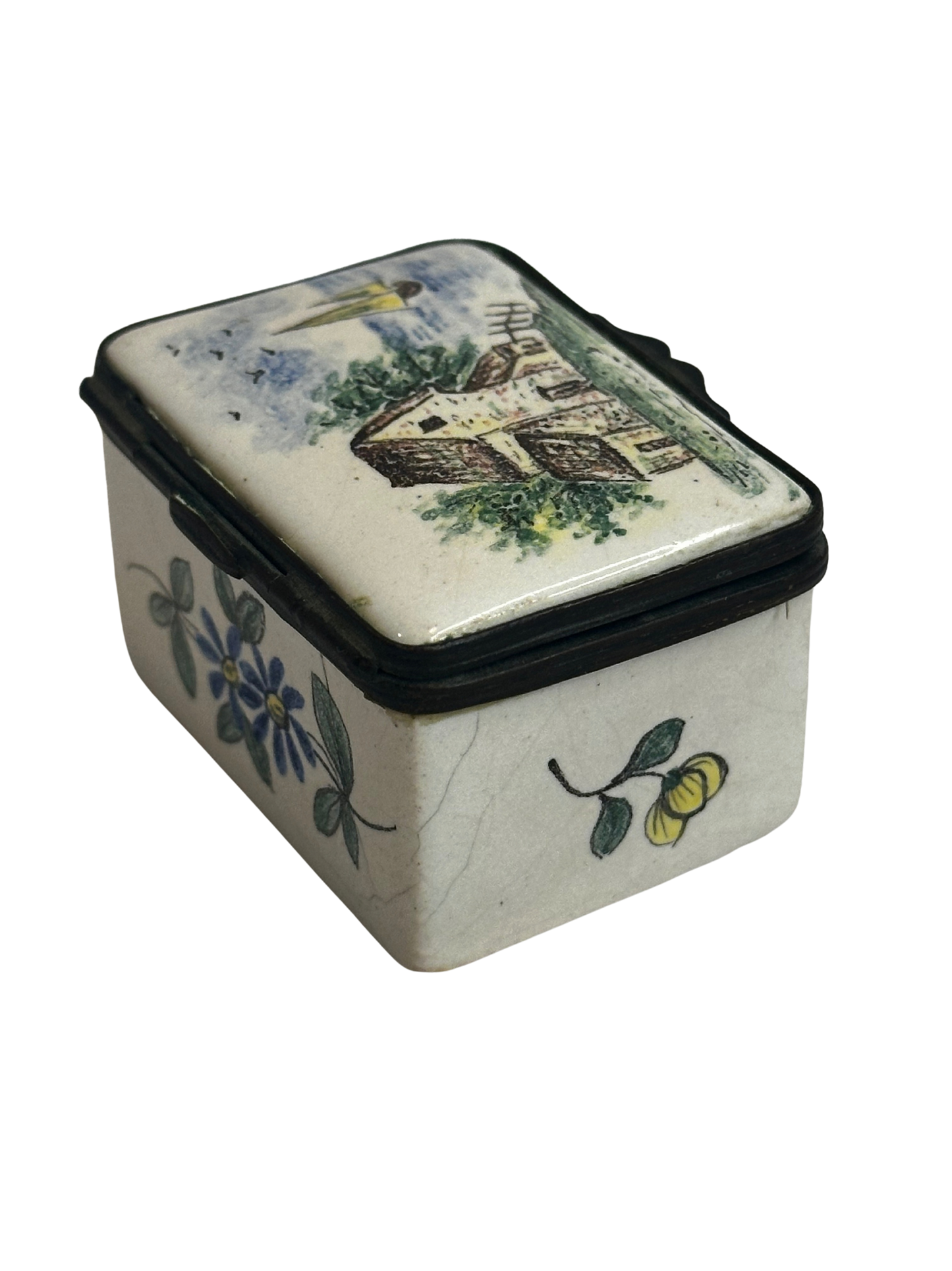 Antique Enamel Rectangular Box with Hand-Painted Pastoral Scene and Floral Decoration