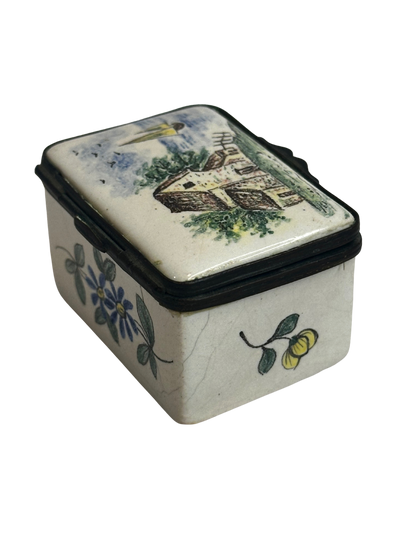 Antique Enamel Rectangular Box with Hand-Painted Pastoral Scene and Floral Decoration