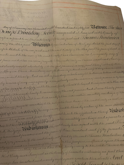 Victorian Indenture Deed — The Sun Permanent Benefit Building Society, Liverpool (1885)