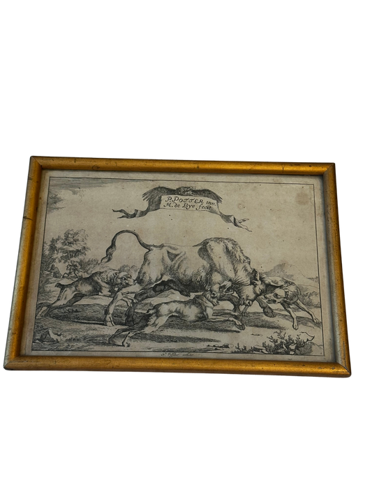 17th Century Hunting Scene Engraving after Paulus Potter, Engraved by Marcus de Bye