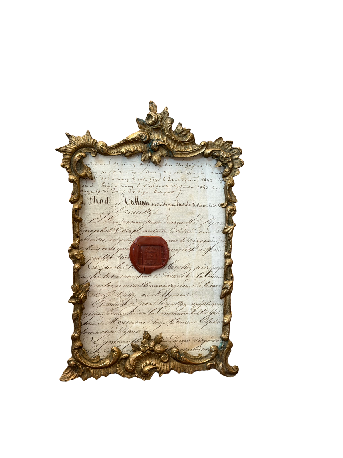 French 1842 Manuscript Document with Armorial Red Wax Seal in Ornate Gilt Brass Frame