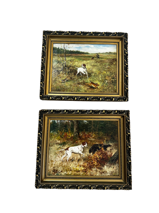 Pair of Late 19th C Belgian Sporting Oil Paintings of Hunting Dogs and Game, Signed G. Van Nuffel
