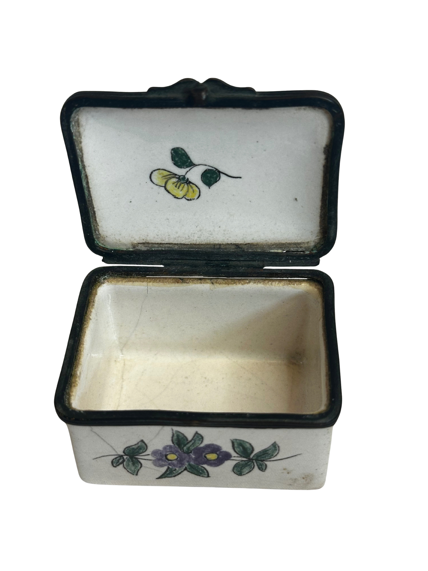 Antique Enamel Rectangular Box with Hand-Painted Pastoral Scene and Floral Decoration