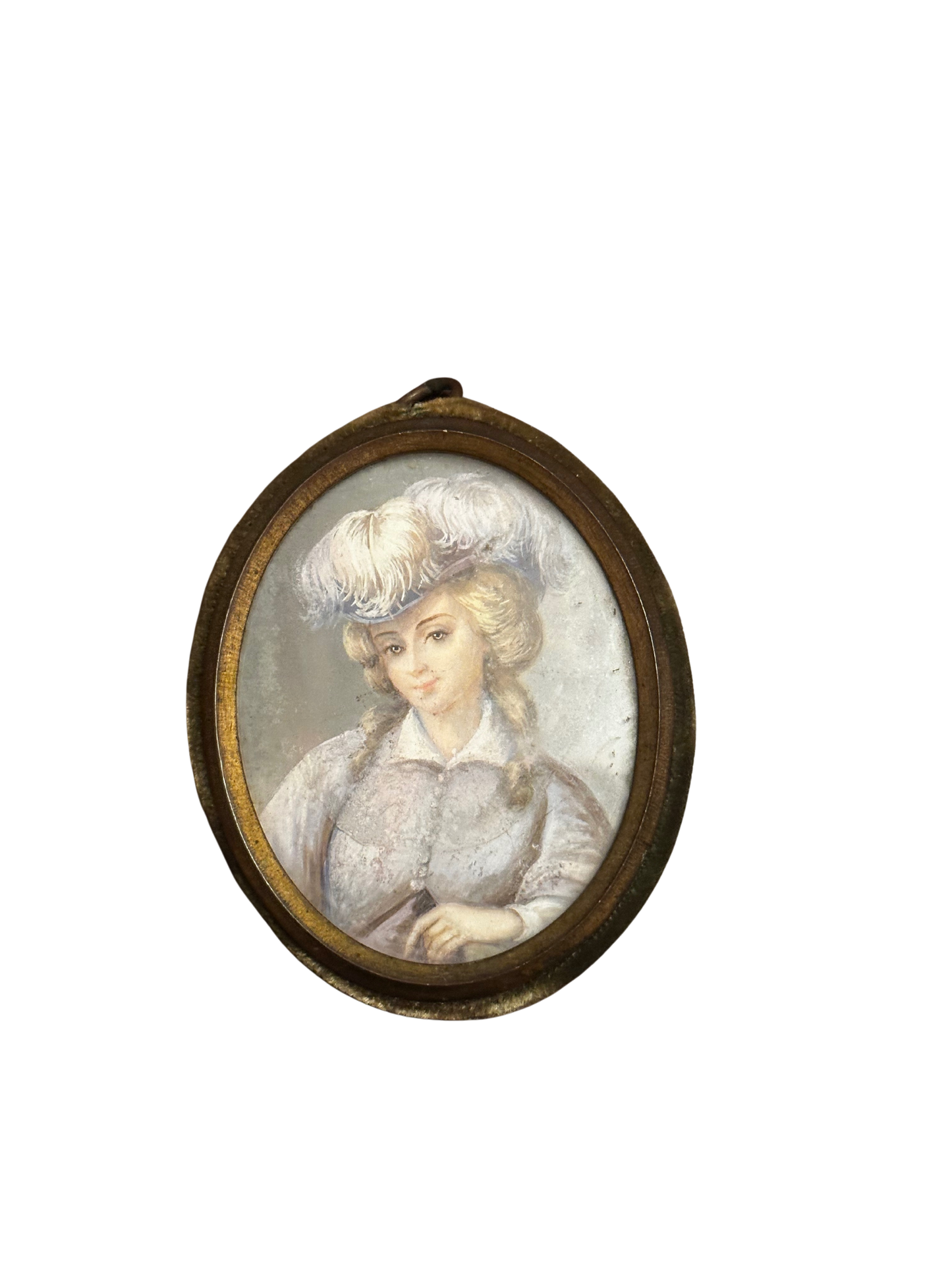 19th C French School Watercolor Portrait Miniature of a Woman with a Plumed Hate (Green Velvet Border)