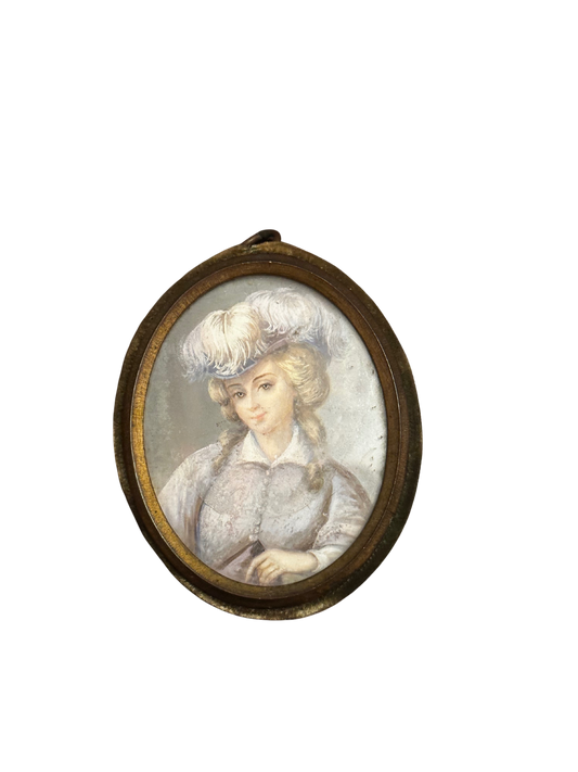 19th C French School Watercolor Portrait Miniature of a Woman with a Plumed Hate (Green Velvet Border)