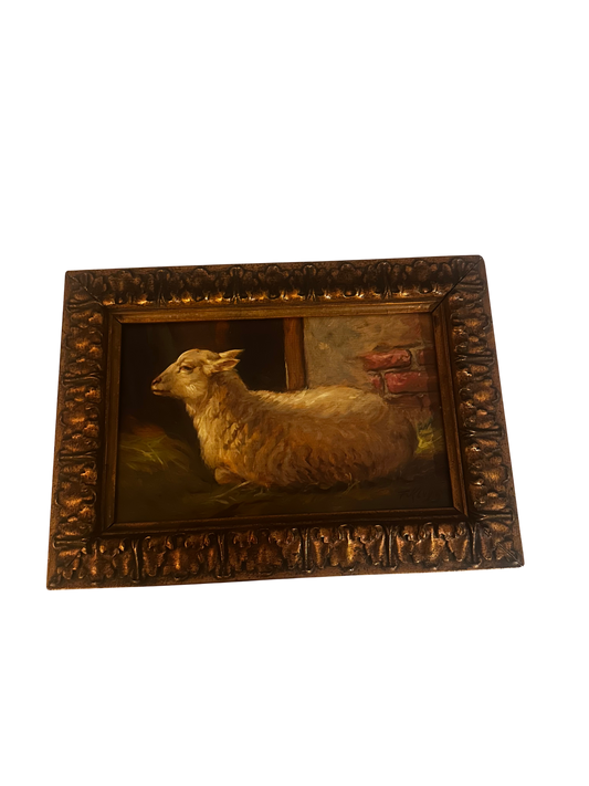 Late 19th Century Lamb in Stable, Oil on Beveled Wood Panel, Signed F. Kluys