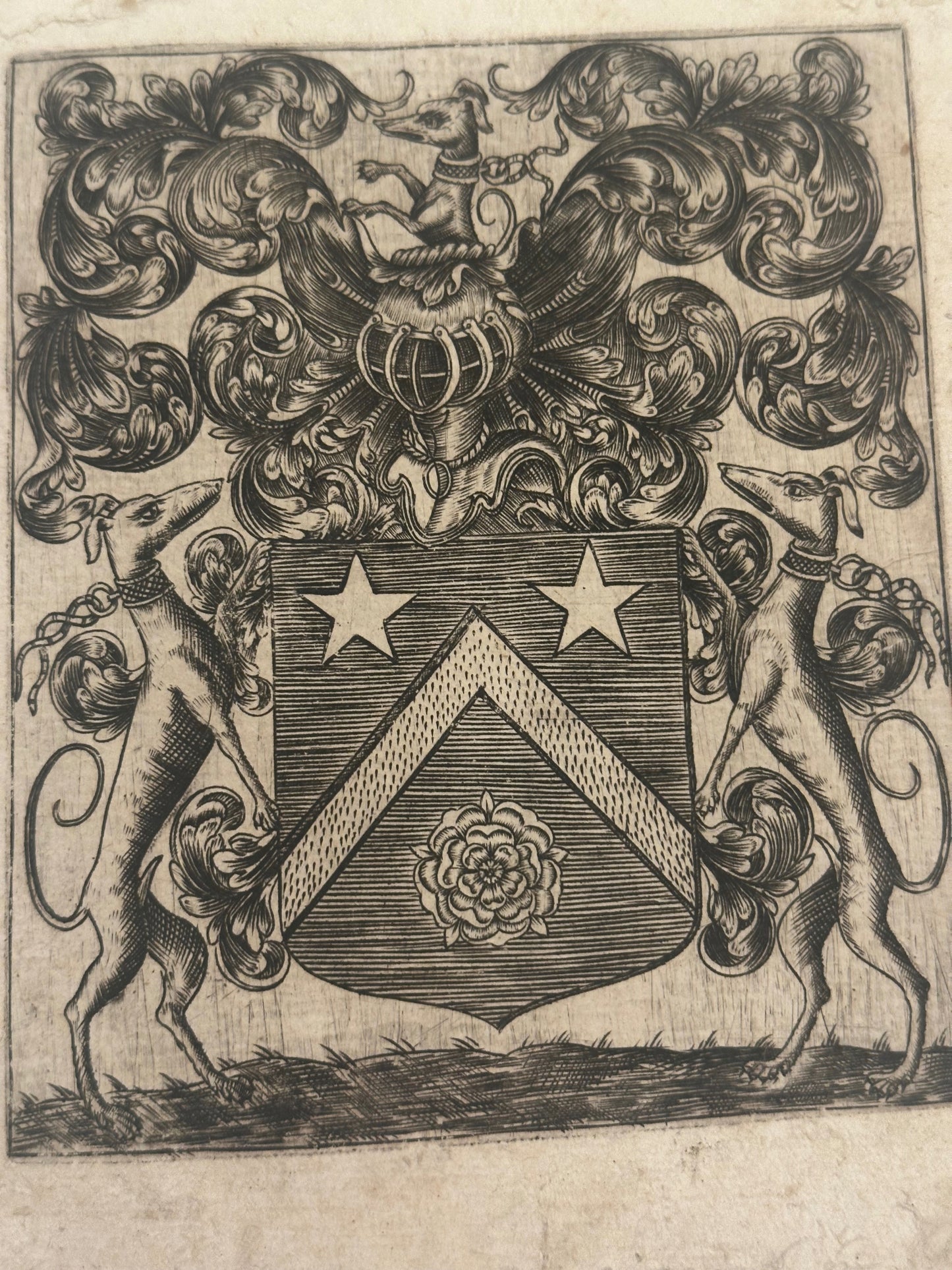 Antique Heraldic Ex Libris Bookplate Engraving with Greyhound Supporters
