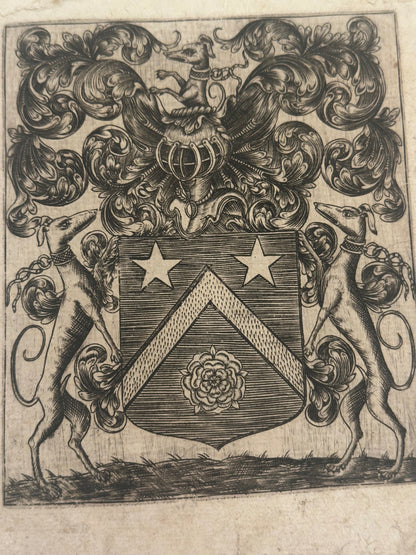 Antique Heraldic Ex Libris Bookplate Engraving with Greyhound Supporters