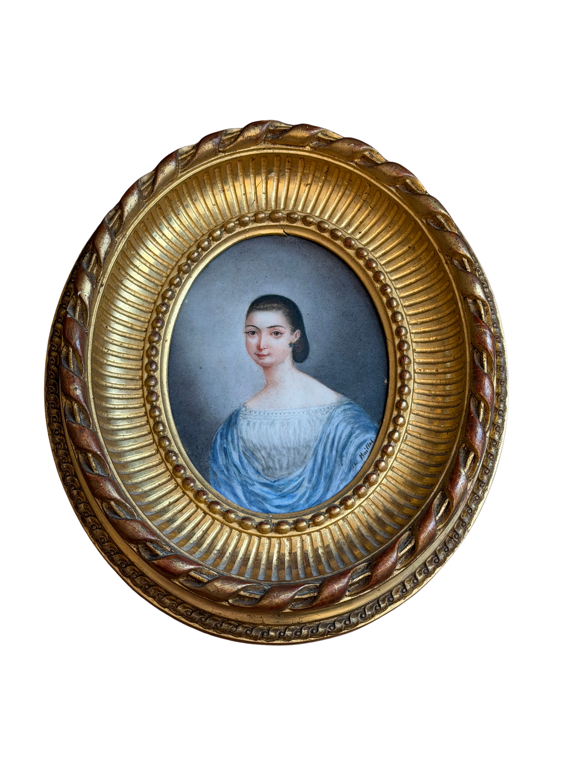 19th Century French Portrait Miniature on Porcelain in Giltwood Frame, Signed Maillot