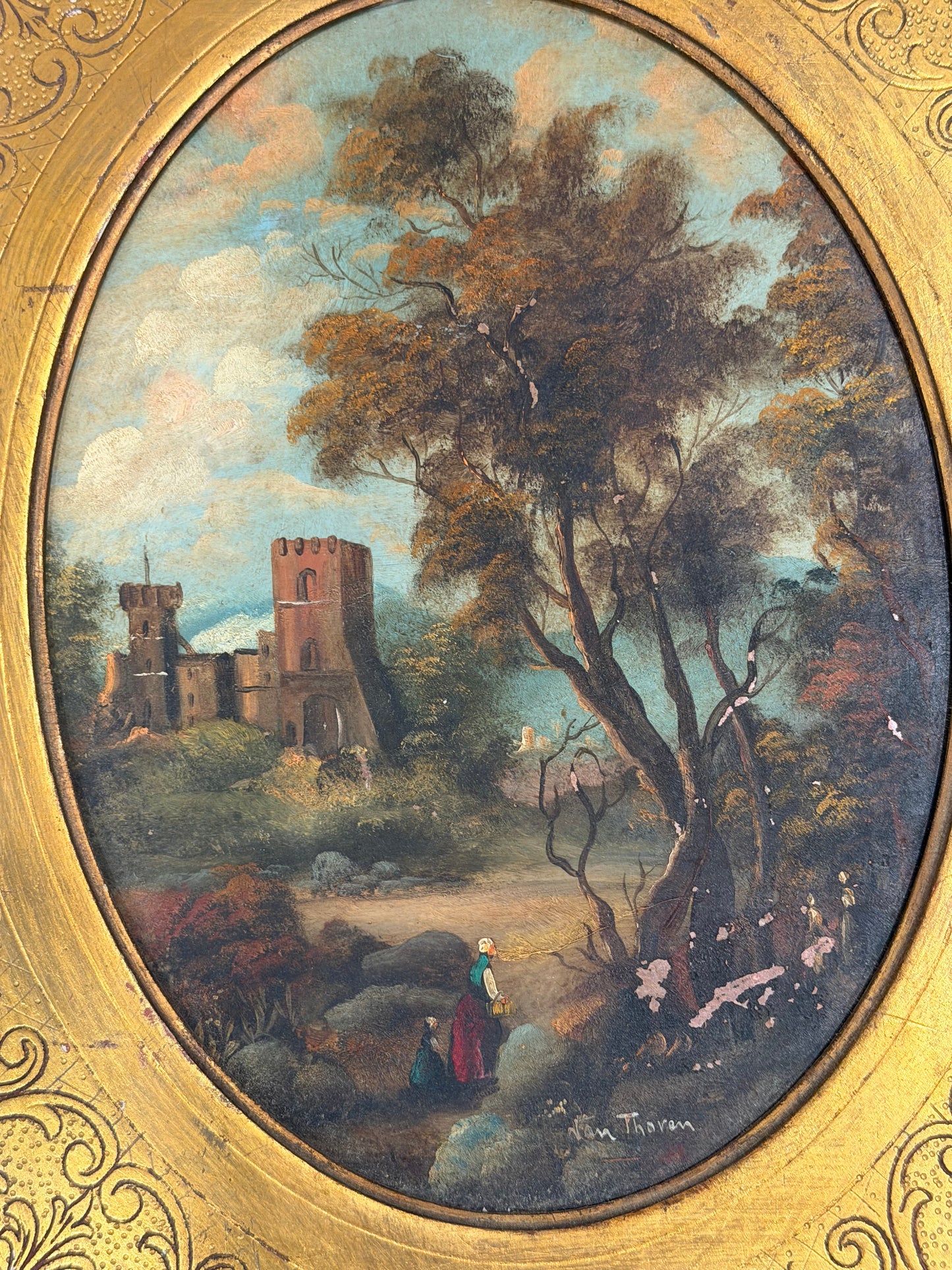 Attributed Otto Van Thoren Oval Landscape Painting with Castle Ruins in Giltwood Frame