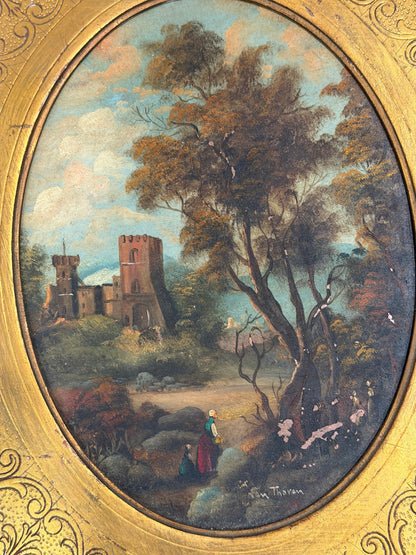 Attributed Otto Van Thoren Oval Landscape Painting with Castle Ruins in Giltwood Frame