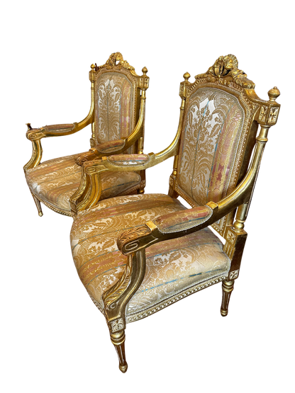 Two Fine French Louis XVI Style Silk-Upholstered Armchairs