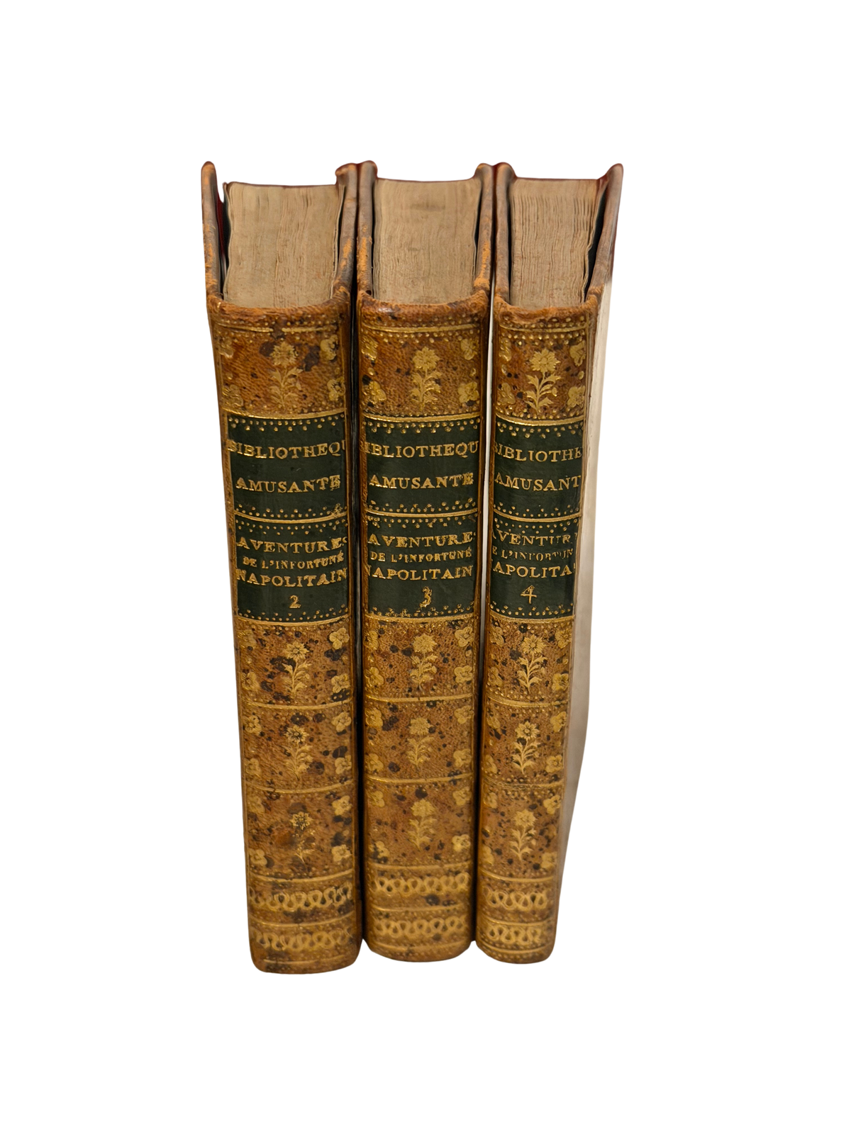 1781 French Leather-Bound Set, Les Aventures de l’Infortuné Napolitain, ou Mémoires du Seigneur Rozelli – Volumes II–IV