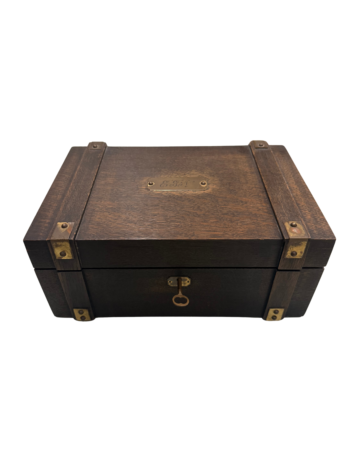 Antique Oak Poker / Gaming Chip Case Monogrammed Brass Cartouche and Key