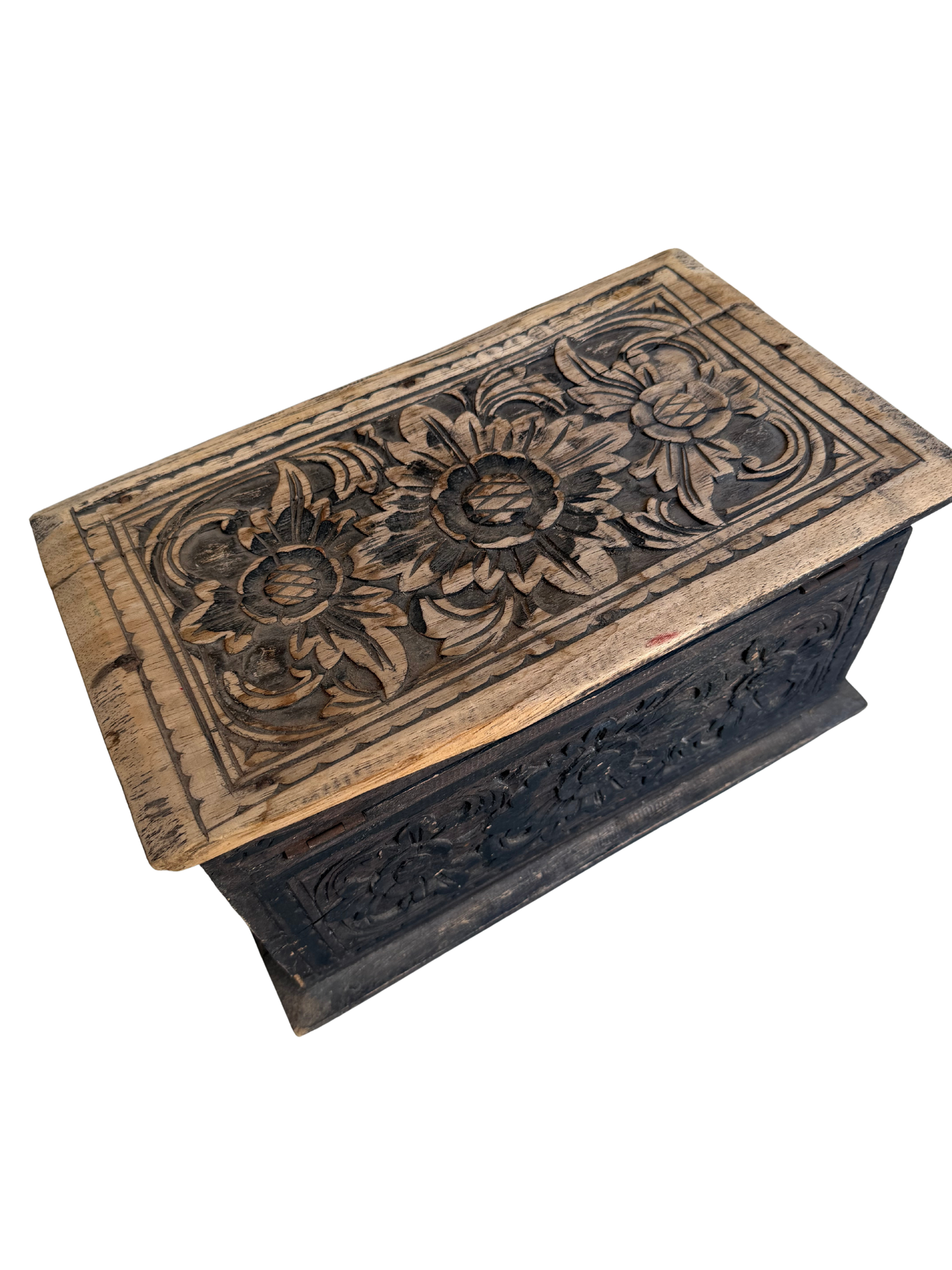 Vintage Indian/Folk Art Hand-Carved Floral Wood Storage Chest with Distressed Ebonized Finish