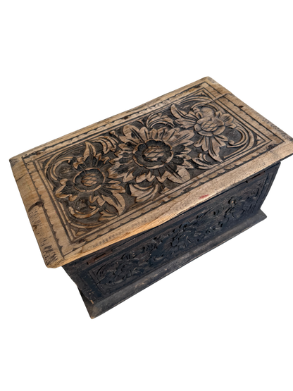 Vintage Indian/Folk Art Hand-Carved Floral Wood Storage Chest with Distressed Ebonized Finish