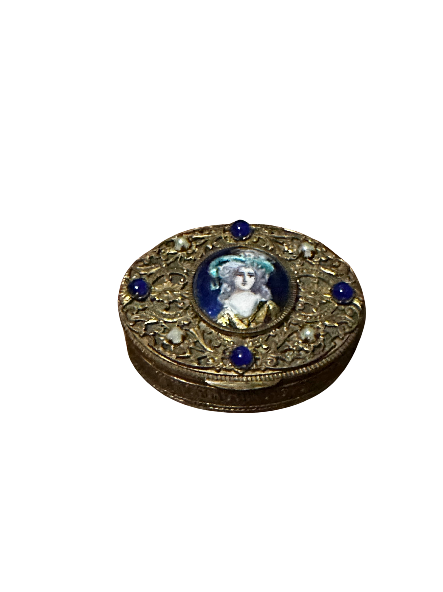 Antique Enamel and Ormolu Portrait Pill Box with Cabochon Jewels