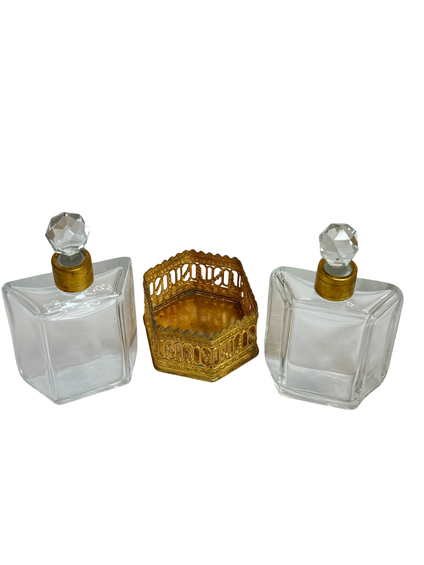French Gilt-Mounted Double Perfume Bottle Set in Architectural Holder