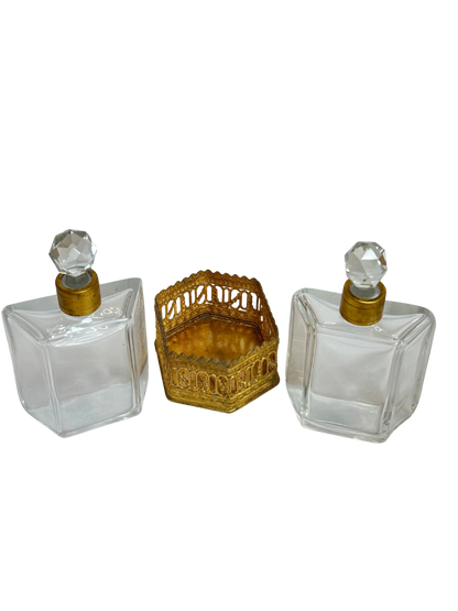 French Gilt-Mounted Double Perfume Bottle Set in Architectural Holder