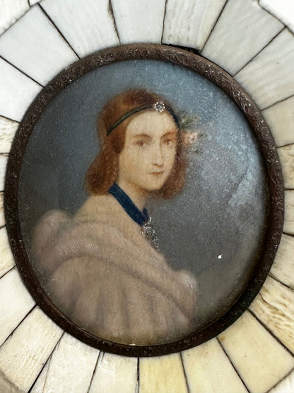 Antique Miniature Hand-Painted Woman Portrait in Bone-Inlaid Wooden Frame