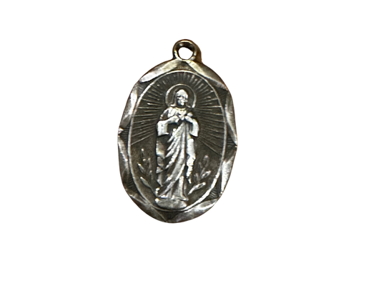 Sterling Silver "Our Lady of Mt Carmel - Pray for Us" Pendant with Sacred Heart of Jesus (Oval)