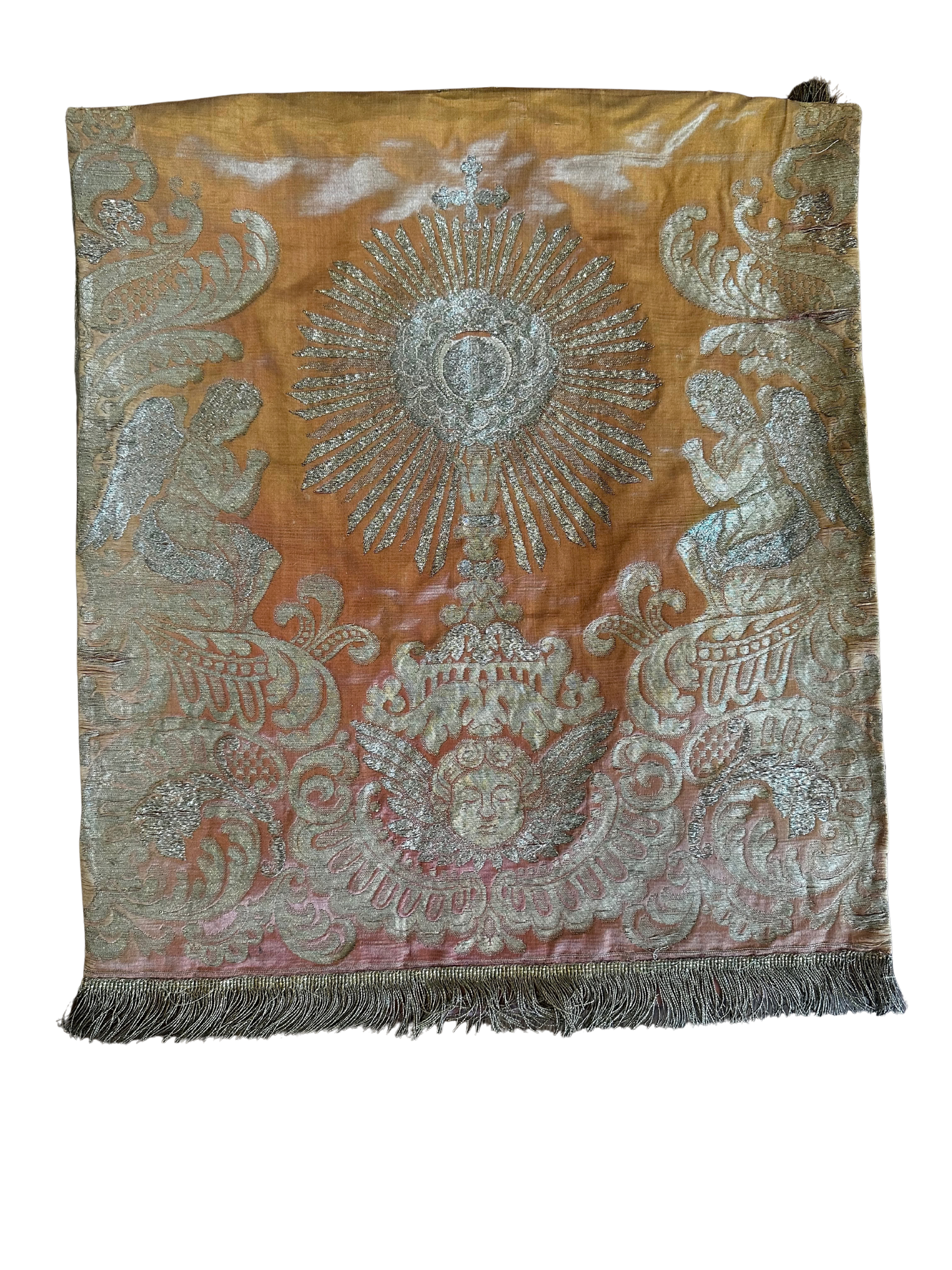 Antique Ecclesiastical Silk Brocade Altar Runner with Monstrance, Angels and IHS Christogram
