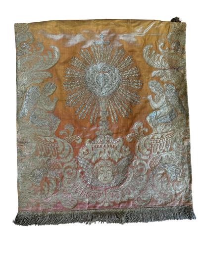 Antique Ecclesiastical Silk Brocade Altar Runner with Monstrance, Angels and IHS Christogram