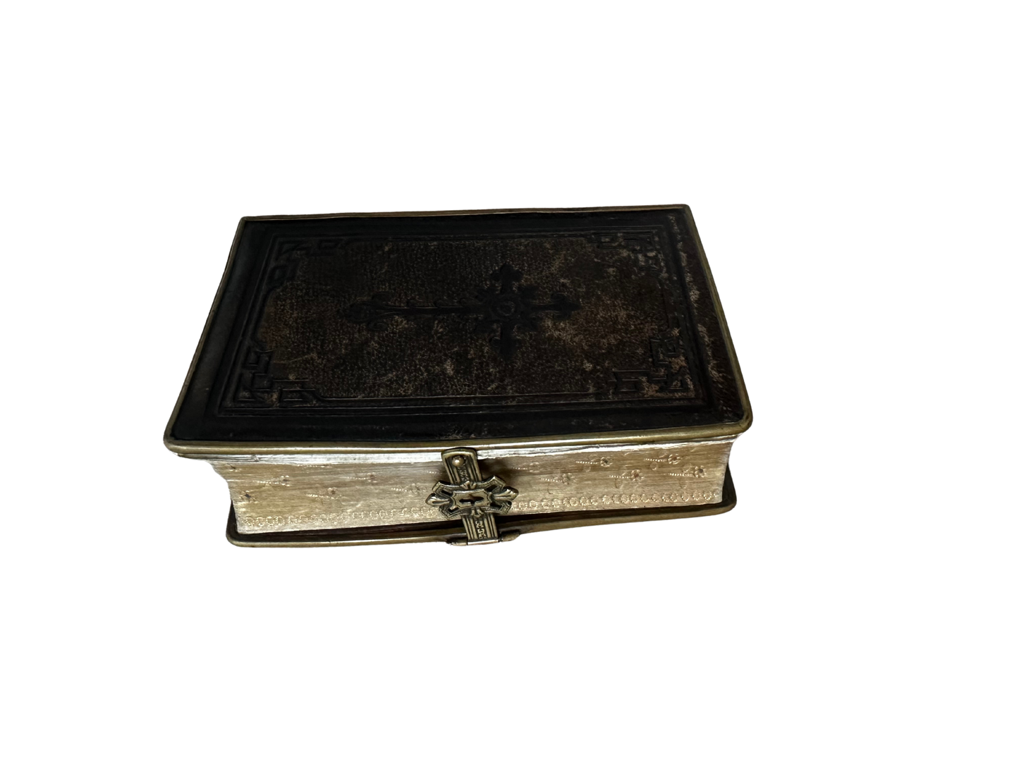 Brown Leather with Cross Blind Stamp Clasp Religious Book with Floral Gauffered Edges 1874