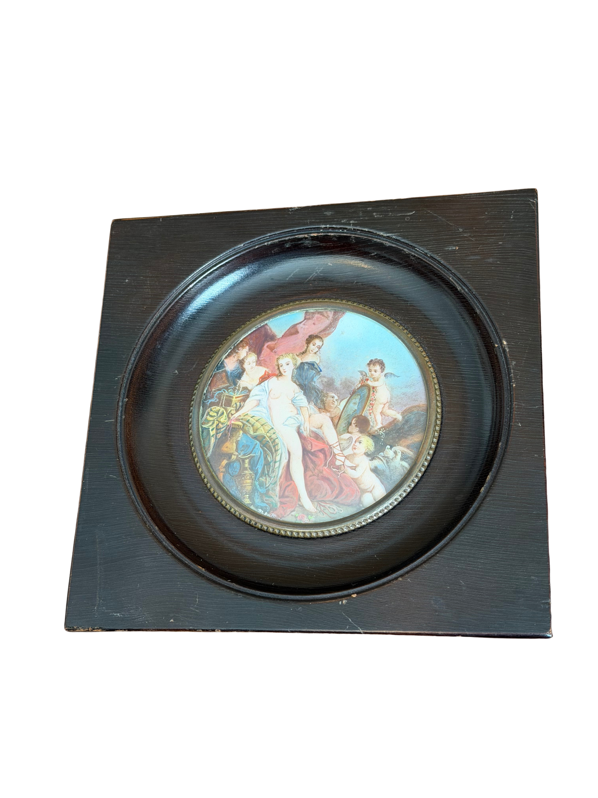 19th-Century Hand-Painted Miniature of The Toilette of Venus, After Francesco Albani, in Ebonized Frame