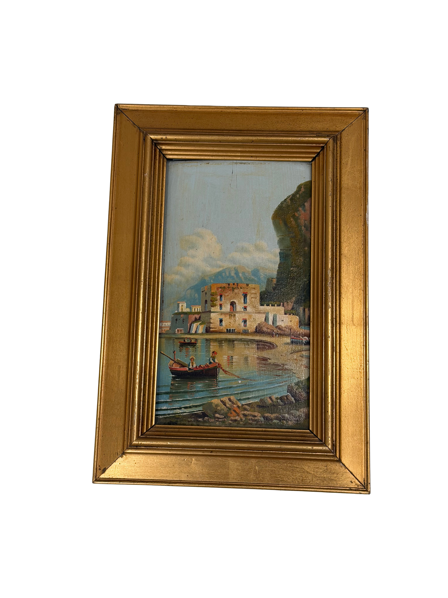 Vintage Italian Coastal Harbor Oil Painting with Fishermen and Giltwood Frame