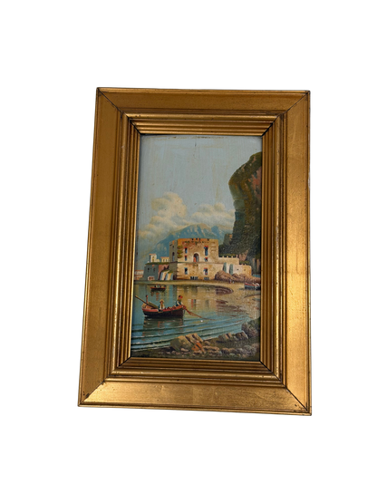 Vintage Italian Coastal Harbor Oil Painting with Fishermen and Giltwood Frame