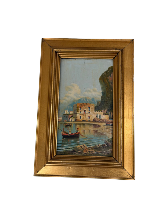 Vintage Italian Coastal Harbor Oil Painting with Fishermen and Giltwood Frame