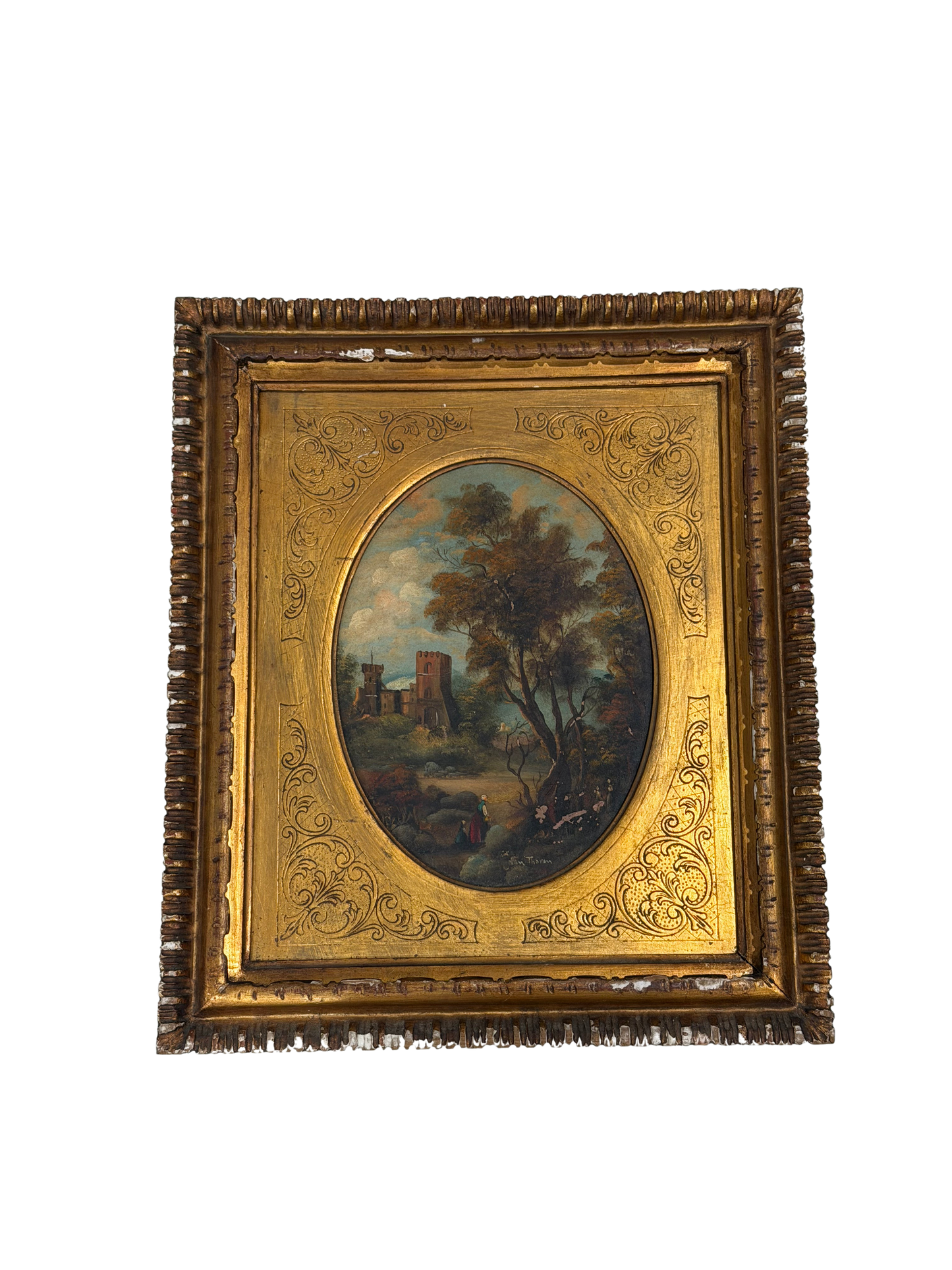 Attributed Otto Van Thoren Oval Landscape Painting with Castle Ruins in Giltwood Frame