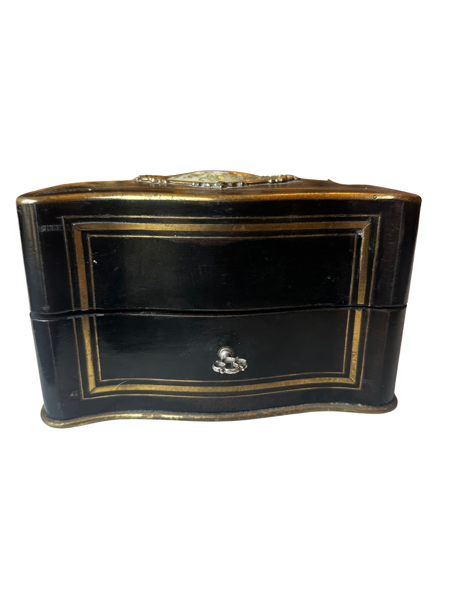 Napoléon III Ebonized Wood Perfume Casket with Painted Floral Plaque and Two Crystal Bottles