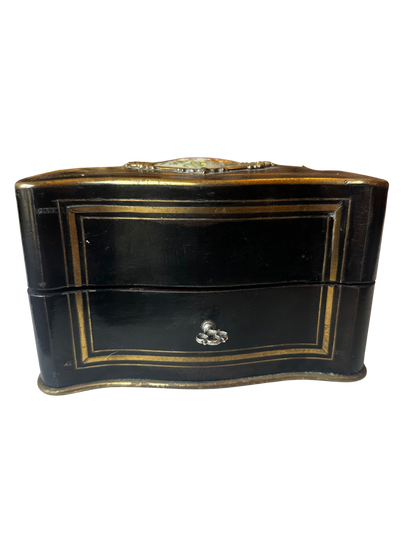 Napoléon III Ebonized Wood Perfume Casket with Painted Floral Plaque and Two Crystal Bottles